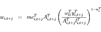 \begin{eqnarray*} w_{i,t+j} &=&mc_{i,t+j}^{T}A_{i,t+j}^{T}\left( \frac{\omega _{li}^{T}y_{i,t+j}^{T}}{ A_{i,t+j}^{T}l_{i,t+j}^{T}}\right) ^{1-\kappa _{i}^{T}} \end{eqnarray*}