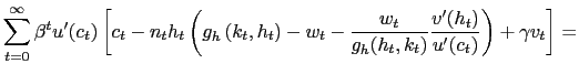 $\displaystyle \sum_{t=0}^{\infty}\beta^{t}u^{\prime}(c_{t})\left[ c_{t}-n_{t}h_{t}\left( g_{h}\left( k_{t},h_{t}\right) -w_{t}-\frac{w_{t} }{g_{h}(h_{t},k_{t})}\frac{v^{\prime}(h_{t})}{u^{\prime}(c_{t})}\right) +\gamma v_{t} \right] =$