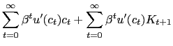 $\displaystyle \sum_{t=0}^{\infty}\beta^{t}u^{\prime}(c_{t})c_{t}+\sum_{t=0}^{\infty} \beta^{t}u^{\prime}(c_{t})K_{t+1}$