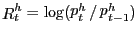 $ \mathop R\nolimits_{t}^{h}=\log(\mathop p\nolimits_{t}^{h} /\mathop p\nolimits_{t-1}^{h})$