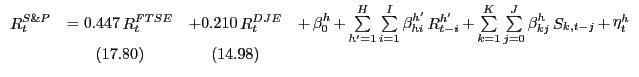 $\displaystyle {\begin{array}{*{20}c} {\mathop R\nolimits_t^{S\& P} } & { = 0.447 \mathop R\nolimits_t^{FTSE} } & {+ 0.210 \mathop R\nolimits_t^{DJE} } & {+ \mathop \beta \nolimits_0^h + \mathop \sum \limits_{{h}'=1}^H \mathop \sum \limits_{i=1}^I \mathop \beta \nolimits_{hi}^{{h}'} \mathop R\nolimits_{t-i}^{{h}'} + \mathop \sum \limits_{k=1}^K \mathop \sum \limits_{j=0}^J \mathop \beta \nolimits_{kj}^h \mathop S\nolimits_{k,t-j} + \mathop \eta \nolimits_t^h } \\ { } & {(17.80)} & {(14.98)} & { } \\ \end{array}}$