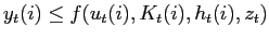 $\displaystyle y_{t}( i) \leq f( u_{t}( i) ,K_{t}( i) ,h_{t}( i) ,z_{t} )$