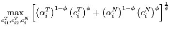 $\displaystyle \max_{c_{i1}^{T},c_{i2}^{T},c_{i}^{N}}\left[ \left( \alpha_{i}^{T}\right) ^{1-\phi}\left( c_{i}^{T}\right) ^{\phi}+\left( \alpha_{i}^{N}\right) ^{1-\phi}\left( c_{i}^{N}\right) ^{\phi}\right] ^{\frac{1}{\phi} }$