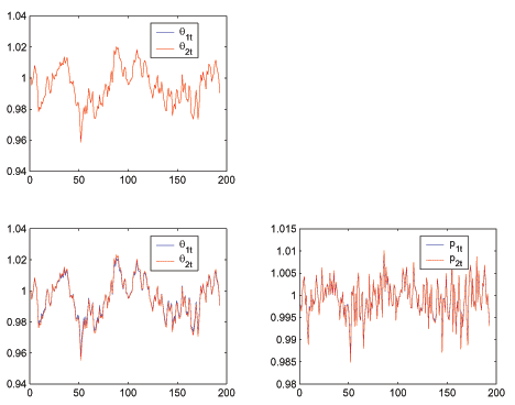 The top panel of the Figure 1 shows log deviations of Pareto-optimal market tightness in the cash- and credit-good sectors.  The bottom left panel shows the same information for Rasmey-optimal market tightness.  Comparing the two, we see that the dynamics of market tightness under the Ramsey equilibrium and the socially optimal equilibrium are identical.  The bottom right shows the dynamics of the price of cash and credit goods in the Ramsey equilibrium.  The price dynamics for each good are identical implying that the relative price is constant in the Ramsey equilibrium.