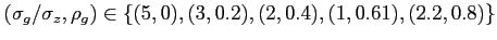 $ (\sigma_g/\sigma_z,\rho_g) \in \{(5,0),(3,0.2),(2,0.4),(1,0.61),(2.2,0.8)\}$