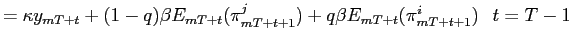 $\displaystyle = \kappa y_{mT+t}+(1-q)\beta E_{mT+t} (\pi_{mT+t+1}^{j})+q\beta E_{mT+t}(\pi_{mT+t+1}^{i}) \hspace{.3cm} t=T-1$