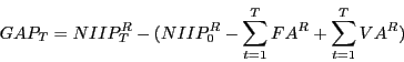 \begin{displaymath} GAP_T =NIIP_T^R -(NIIP_0^R -\sum\limits_{t=1}^T {FA^R} +\sum\limits_{t=1}^T {VA^R} ) \end{displaymath}