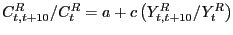 $ C_{t,t+10}^{R} /C_{t}^{R} =a+c\left( {Y_{t,t+10}^{R} /Y_{t}^{R} } \right) $