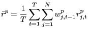 $\displaystyle \bar{r}^{p} =\frac{1}{T} \sum_{t=1}^{T} \sum_{j=1} ^{N}w_{j,t-1}^{p} r_{j,t}^{p}$