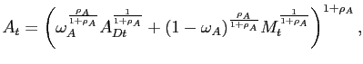 $\displaystyle A_{t}=\left( \omega_{A}^{\frac{\rho_{A}}{1+\rho_{A}}}A_{Dt}^{\frac{1}{ 1+\rho_{A}}}+(1-\omega_{A})^{\frac{\rho_{A}}{1+\rho_{A}}}M_{t}^{\frac {1}{1+\rho_{A}}}\right) ^{1+\rho_{A}},$