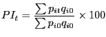 $\displaystyle PI_{t} =\frac{\sum{p_{it} q_{i0} } }{\sum{p_{i0} q_{i0} } } \times100$