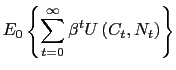 $\displaystyle E_{0}\left\{ \sum_{t=0}^{\infty}\beta^{t}U\left( C_{t},N_{t}\right) \right\}$
