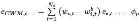 $ e_{CWM,t+1}=\sum\limits_{i=1}^{N_{t}}\left( w_{i,t}-w_{i,t}^{b}\right) e_{i,t+1}-\phi_{p}$
