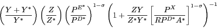 \begin{displaymath} \begin{array}
[c]{l}
(23)\,\,N\,X\,\,=\,\,\left(  {\frac{P^{X}}{R\,P^{E\ast}}} \right) ^{-\sigma
}\left(  {\frac{E\ast}{P^{E\ast}}} \right) \,\,\left(  {\frac{1}{\alpha\ast}}
\right) ^{1-\sigma\ast}\\\end{array}\end{displaymath}