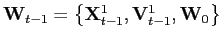 $ \mathbf{W} _{t-1}=\left\{ \mathbf{X}_{t-1}^{1},\mathbf{V}_{t-1}^{1},\mathbf{W} _{0}\right\} $
