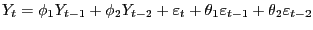 $\displaystyle Y_{t} =\left[ {\Delta\log a_{t} ,\log l_{t} } \right] ^{\prime}:  Y_{t} =\phi_{1} Y_{t-1} +\phi_{2} Y_{t-2} +\varepsilon_{t} +\theta_{1} \varepsilon_{t-1} +\theta_{2} \varepsilon_{t-2} $