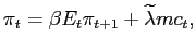 $ \pi_{t}=\beta E_{t}\pi_{t+1}+\widetilde{\lambda}mc_{t},$