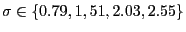 $ \sigma\in\left\{ 0.79,1,51,2.03,2.55\right\} $