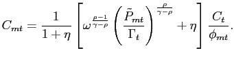 $\displaystyle C_{mt} = \frac{1}{1+\eta}\left[ \omega^{\frac{\rho-1}{\gamma-\rho... ...a_{t}}\right) ^{\frac{\rho}{\gamma-\rho}} +\eta\right] \frac{C_{t}}{\phi_{mt}}.$