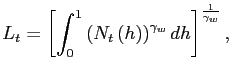 $\displaystyle L_{t}=\left[ \int_{0}^{1}\left( N_{t}\left( h\right) \right) ^{\gamma _{w}}dh\right] ^{\frac{1}{\gamma_{w}}},$