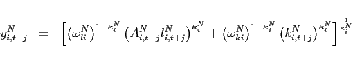 \begin{eqnarray*} y_{i,t+j}^{N} &=&\left[ \left( \omega _{li}^{N}\right) ^{1-\kappa _{i}^{N}}\left( A_{i,t+j}^{N}l_{i,t+j}^{N}\right) ^{\kappa _{i}^{N}}+\left( \omega _{ki}^{N}\right) ^{1-\kappa _{i}^{N}}\left( k_{i,t+j}^{N}\right) ^{\kappa _{i}^{N}}\right] ^{\frac{1}{\kappa _{i}^{N}}} \end{eqnarray*}