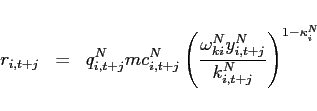 \begin{eqnarray*} r_{i,t+j} &=&q_{i,t+j}^{N}mc_{i,t+j}^{N}\left( \frac{\omega _{ki}^{N}y_{i,t+j}^{N}}{ k_{i,t+j}^{N}}\right) ^{1-\kappa _{i}^{N}} \end{eqnarray*}