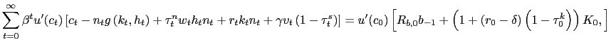 $\displaystyle \sum_{t=0}^{\infty}\beta^{t}u^{\prime}(c_{t})\left[ c_{t}-n_{t}g \left( k_{t},h_{t}\right) +\tau_{t}^{n}w_{t}h_{t}n_{t}+r_{t}k_{t}n_{t}+\gamma v_{t}\left( 1-\tau_{t}^{s}\right) \right] =u^{\prime}(c_{0})\left[ R_{b,0}b_{-1}+\left( 1+\left( r_{0}-\delta\right) \left( 1-\tau_{0} ^{k}\right) \right) K_{0}, \right]$