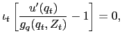 $\displaystyle \iota_{t} \left[ \dfrac{u^{\prime}(q_{t})}{g_{q}(q_{t},Z_{t})} - 1 \right] = 0,$
