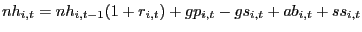 $ nh_{i,t} =nh_{i,t-1} (1+r_{i,t} )+gp_{i,t} -gs_{i,t} +ab_{i,t} +ss_{i,t} $