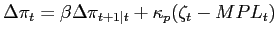 $\displaystyle \Delta\pi_{t} = \beta\Delta\pi_{t+1\vert t} + \kappa_{p} {(\zeta_{t} - MPL_{t} )}$
