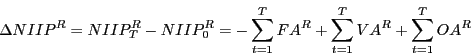 \begin{displaymath} \Delta NIIP^R=NIIP_T^R -NIIP_0^R =-\sum\limits_{t=1}^T {FA^R} +\sum\limits_{t=1}^T {VA^R} +\sum\limits_{t=1}^T {OA^R} \end{displaymath}