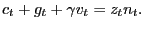 $\displaystyle c_{t} + g_{t} + \gamma v_{t} = z_{t} n_{t}.$