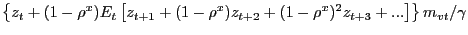 $ \left\{ z_{t} + (1-\rho^{x}) E_{t} \left[ z_{t+1} + (1-\rho^{x}) z_{t+2} + (1-\rho^{x})^{2} z_{t+3}+...\right] \right\} m_{vt} / \gamma$