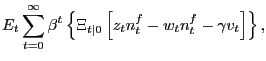 $\displaystyle E_{t} \sum_{t=0}^{\infty} \beta^{t} \left\{ \Xi_{t\vert} \left[ z_{t} n^{f}_{t} - w_{t} n^{f}_{t} - \gamma v_{t} \right] \right\} ,$