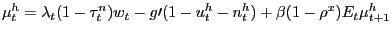 $ \mu_{t}^{h}=\lambda_{t}(1-\tau _{t}^{n})w_{t}-g\prime(1-u_{t}^{h}-n_{t}^{h})+\beta(1-\rho^{x})E_{t}\mu _{t+1}^{h}$