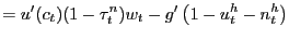 $\displaystyle =u^{\prime}(c_{t})(1-\tau_{t}^{n})w_{t}-g^{\prime }\left( 1-u_{t}^{h}-n_{t}^{h}\right)$