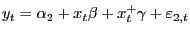 $ {y_{t}={\alpha}_{2} +x_{t}\beta+x^{+}_{t}\gamma+{\varepsilon}_{2,t}}$