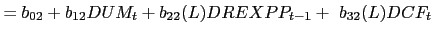 $\displaystyle =b_{02}+b_{12}DUM_{t}+b_{22}(L)DREXPP_{t-1}+\ b_{32} (L)DCF_{t}$
