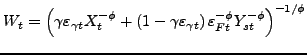 $ W_{t}=\left( \gamma\varepsilon_{\gamma t}X_{t}^{-\phi}+\left( 1-\gamma\varepsilon_{\gamma t}\right) \varepsilon_{Ft}^{-\phi}Y_{st}^{-\phi }\right) ^{-1/\phi}$