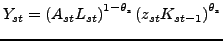 $ Y_{st}=\left( A_{st}L_{st}\right) ^{1-\theta_{s}}\left( z_{st} K_{st-1}\right) ^{\theta_{s}}$