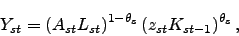 \begin{displaymath} Y_{st}=\left( A_{st}L_{st}\right) ^{1-\theta _{s}}\left( z_{st}K_{st-1}\right) ^{\theta _{s}}\text{ ,} \end{displaymath}