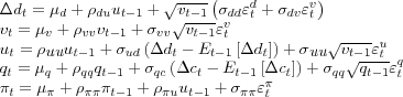 \begin{align} \Delta d_{t} & =\mu_{d}+\rho_{du}u_{t-1}+\sqrt{v_{t-1}}\left( \sig... ...\pi_{t-1}+\rho_{\pi u}u_{t-1}+\sigma _{\pi\pi}\varepsilon_{t}^{\pi} \end{align}