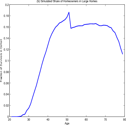 Figure 4.3 (b). Simulated Share of Homeownership in Large Homes.  Data plotted as curve with share of homeowners that own large homes on the y-axis and age in years on the x-axis.  This panel shows that on average under 1% of homeowners in their twenties own large homes.  However this share increases fairly steeply until peaking at almost 19% of homeowners just over 50 owning large homes.  After the apex, the share drops dramatically and then levels off at around 16%.  The share of homeowners owning large homes starts to decreases with age once homeowners turn 70, reaching 11% by age 80.