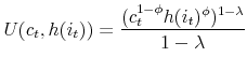 \displaystyle U(c_t,h(i_t))=\frac{(c_t^{1-\phi}h(i_t)^{\phi})^{1-\lambda}}{1-\lambda}