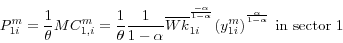 \begin{displaymath} P_{1i}^m =\frac{1}{\theta }MC_{1,i}^m =\frac{1}{\theta }\frac{1}{1-\alpha }\overline W \overline k _{1i}^{^{\frac{-\alpha }{1-\alpha }}} (y_{1i}^m )^{^{\frac{\alpha }{1-\alpha }}}\mbox{ in sector 1} \end{displaymath}