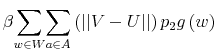 \displaystyle \beta{\displaystyle\sum\limits_{w\in W}}{\displaystyle\sum\limits_{a\in A}% }\left( \left\vert \left\vert V-U\right\vert \right\vert \right) p_{2}g\left( w\right)