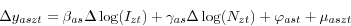 \begin{displaymath} \Delta y_{aszt} =\beta _{as} \Delta \log (I_{zt})+\gamma _{as} \Delta \log (N_{zt})+\varphi _{ast} +\mu _{aszt} \end{displaymath}