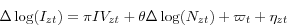 \begin{displaymath} \Delta \log (I_{zt})=\pi IV_{zt} +\theta \Delta \log (N_{zt})+\varpi _t +\eta _{zt} \end{displaymath}