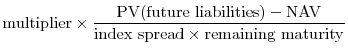 \displaystyle {\rm multiplier}\times {{\rm PV(future\ liabilities)} - {\rm NAV} \over {{\rm index\ spread} \times {\rm remaining\ maturity}}} 