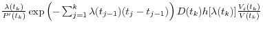 \frac{\lambda (t_k )}{{P}'(t_k )}\exp \left( {-\sum\nolimits_{j=1}^k {\lambda (t_{j-1} )(t_j -t_{j-1} )} } \right)D(t_k )h[\lambda (t_k )]\frac{V_i (t_k )}{V(t_k )}
